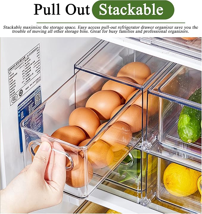 bealy 2 Pack Refrigerator Organizers and Storage, Stackable Clear Pull out Drawer Organizer Bins, BPA-Free Fridge Organizer and Storage for Fruit, Produce, Drink, Snack and Food Storage Containers