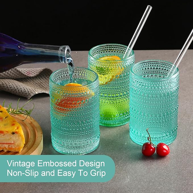 ZMOWIPDL Drinking Glasses Set of 6,15 oz Lake Blue Hobnail Glass Cups | Vintage Glassware，Embossed Water Tumbler,for Beer,Cocktail,Whiskey,Juice and Various Mixed Drinks- 1 Cleaning Brush
