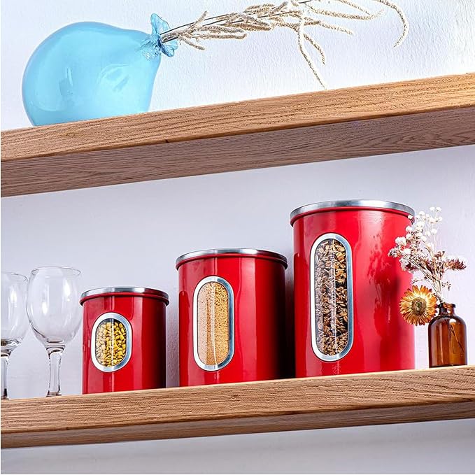 Mixpresso 3-Pcs Red Canisters Set for Kitchen Storage Airtight Jars | See-through window, coffee container, tea organizer, sugar canister, 3 nesting sizes, counter decor, easy press-on lids