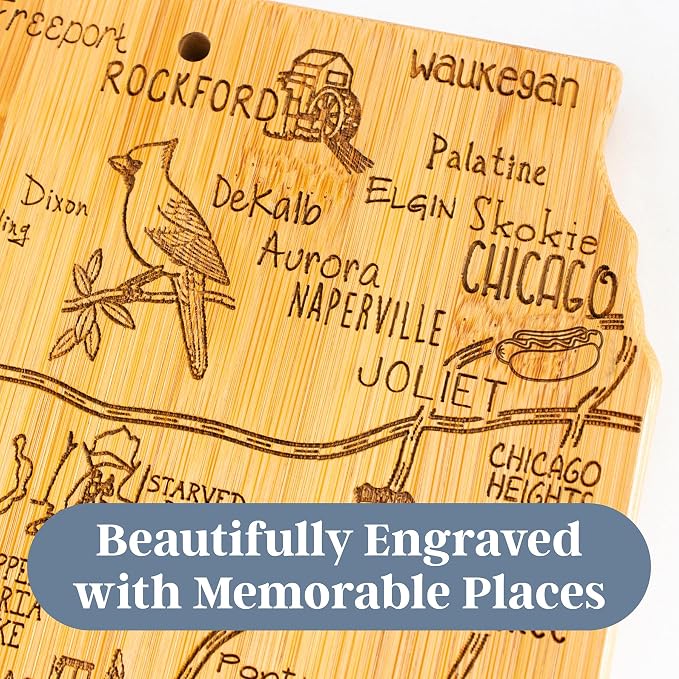 Totally Bamboo Destination Illinois State Shaped Cutting Board | State charcuterie serving board with engraved map artwork. Smooth reverse side for food prep. Hang tie for wall display.