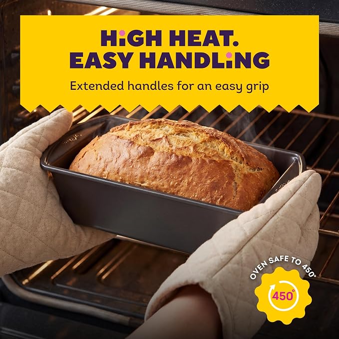 Wilton Gold Non-Stick Loaf Pan, Made Without PFAS, 9 x 5 in. | Non-Stick Steel with Scratch-Resistant Coating, Resists Warping & Extended Handles, Dishwasher Safe, Perfect for Breads