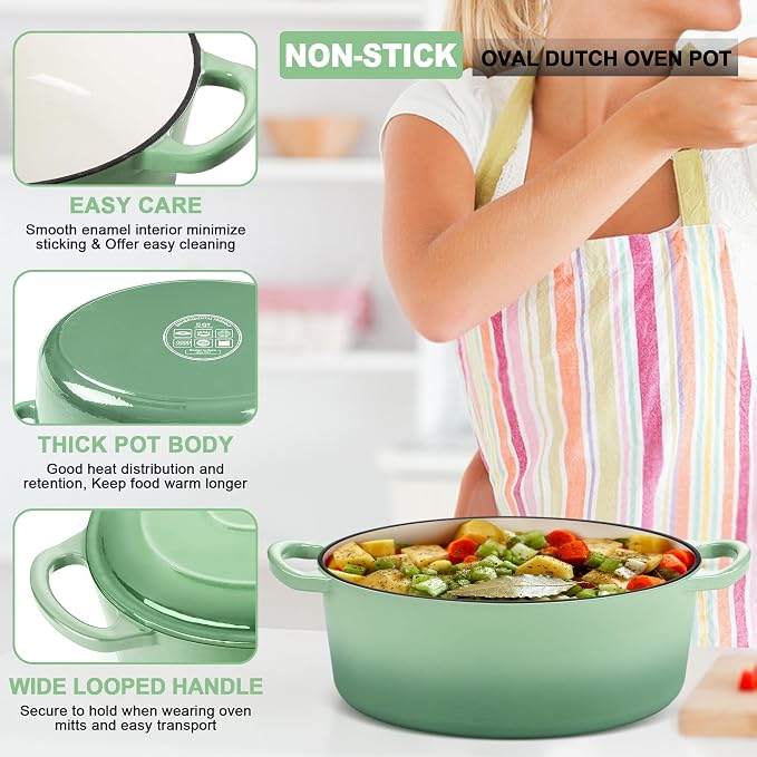 E-far 7QT Oval Dutch Oven Pot with Lid, Green Enameled Cast Iron Dutch Oven | with Dual Handles for Homemade Sourdough Bread Baking Cooking, Nonstick Enamel Coated Cookware, Non-Toxic & Easy Clean