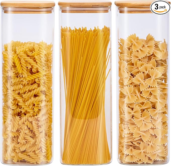 Square Glass Food Storage Jars with Lids 2.47 Qt [Set of 3], Perfect for Pasta, Cookies, Nuts, Coffee, Cereal, Flour, Organize Your Kitchen and Pantry with BPA-Free Glass Jars with Canisters