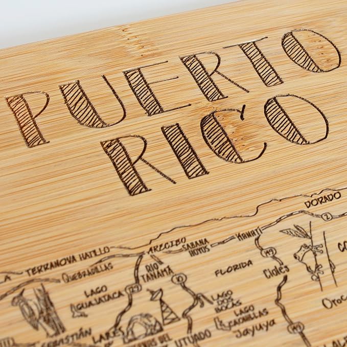 Totally Bamboo A Slice of Life Puerto Rico Engraved Map Cutting Board | 11" x 8.75" charcuterie board with engraved Puerto Rico map. Smooth reverse side for food prep. Hang tie for wall display.