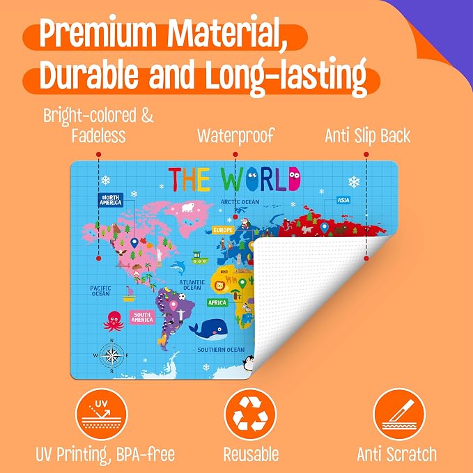 6 Pack Placemats for Kids, Non-Slip Washable, Reusable Alphabet, Number, Shape & Color, Universe, Map Themed Educational Placemats for Home, Kindergarten, Classroom, Nursery