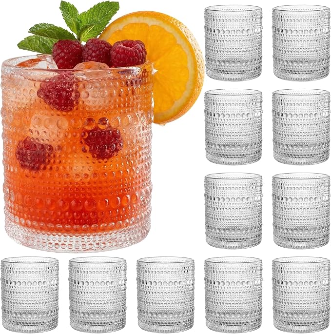10 oz Hobnail Drinking Glasses,12 Pack Embossed Clear Tumblers | Vintage Glassware Beverage Set for Cocktails, Water, Beer & Juice
