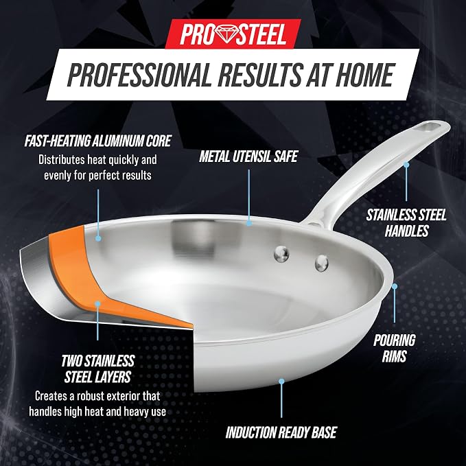 Blue Diamond Pro Steel 8" Tri-Ply Stainless Steel Frying Pan Skillet | Multi Clad Skillet, Induction & All Stovetop Suitable, Mirror Polished Finish, Dishwasher Safe, Oven Safe to 850F, Silver