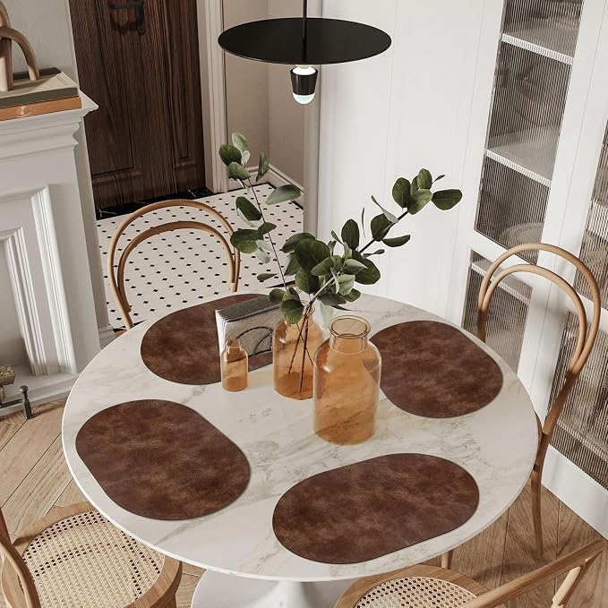 ADRIMER Placemats, Heat Resistant Oval Placemats Set of 6 Washable 12 x 17 Inch, Waterproof Table Mats, Wipeable Pu Place Mats for Kitchen, Dining Room, Brown