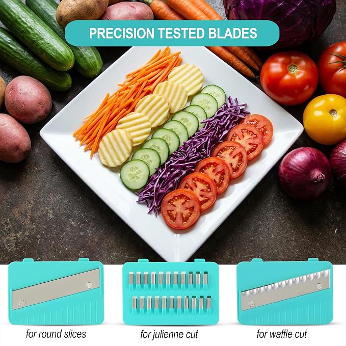 DINM Handheld Mandoline Slicer for Kitchen – Stainless Steel Vegetable Slicer with 3 Interchangeable Blades, Safety Food Holder, Potato, Cucumber & Carrot Cutter