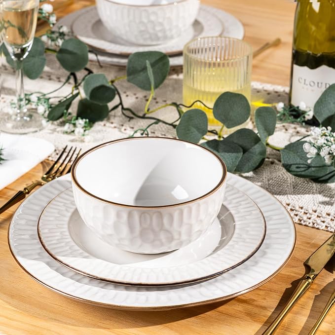 GBHOME Ceramic Dinnerware Sets of 4,12 pcs Plates and Bowls Sets Dishes | Embossed Elegant Stoneware Dishes Set | Dishwasher & Microwave Safe | Service for 4