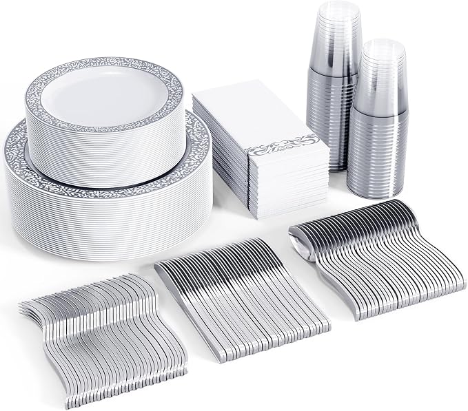 FOCUSLINE 350 Ct Silver Dinnerware Set for 50 Guests, Silver Lace Plastic Plates Disposable Heavy Duty, Including 50 Dinner & Dessert Plates, Cups, Napkins, Cutlery Set