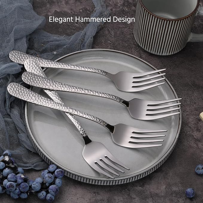 E-far Hammered Serving Forks, 4-Piece Stainless Steel Hostess Serving Utensils Set for Meat Catering Buffet Party Kitchen Restaurant, Non-toxic & Dishwasher Safe