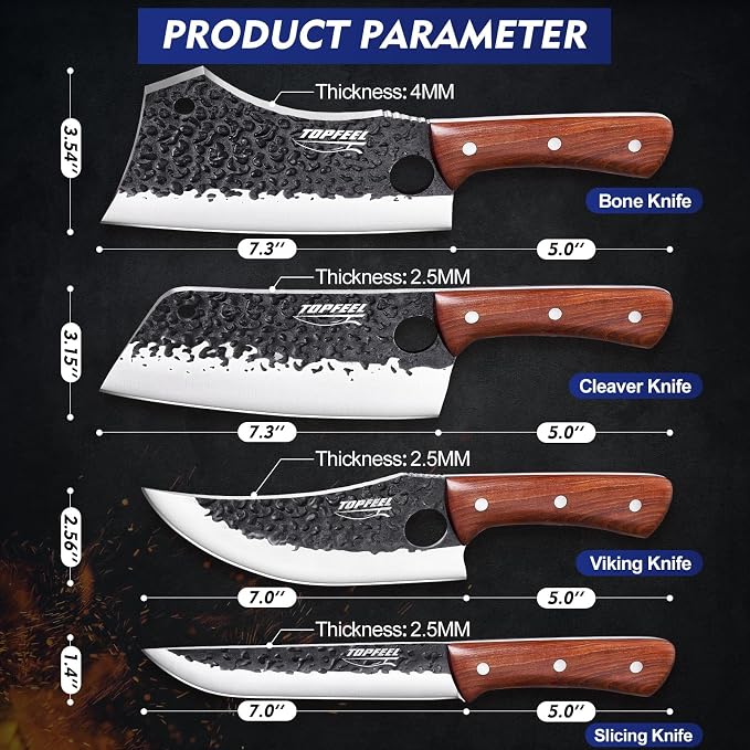 Topfeel 4PCS Butcher Knife Set with Bone Chopper and Meat Cleaver | Bone chopper, meat cleaver, Viking knife and slicer with hand-forged blades, full-tang red sandalwood handles and gift box
