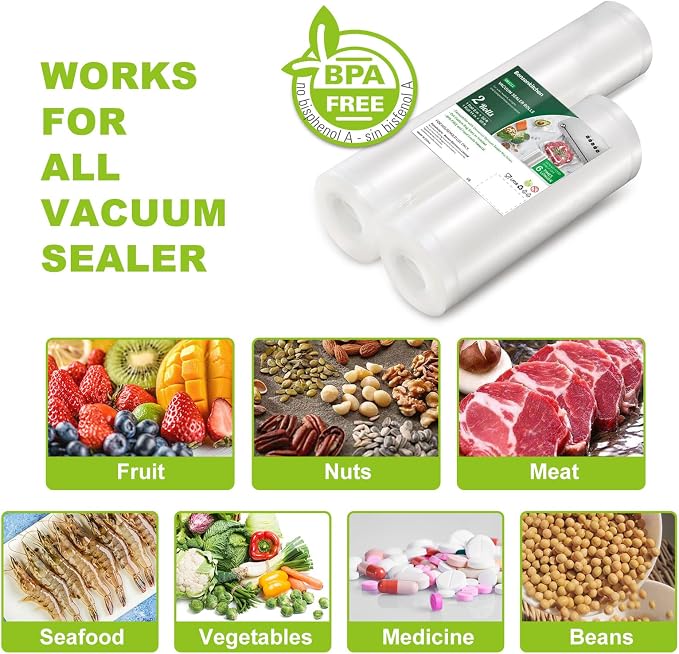 Bonsenkitchen Vacuum Food Sealer Rolls Bags, 8" x 50' & 11" x 50' | Commercial Grade BPA Free food storage vacuum sealer rolls, Customized Size, Removes Air to Keep Food Fresh Longer, VB3212