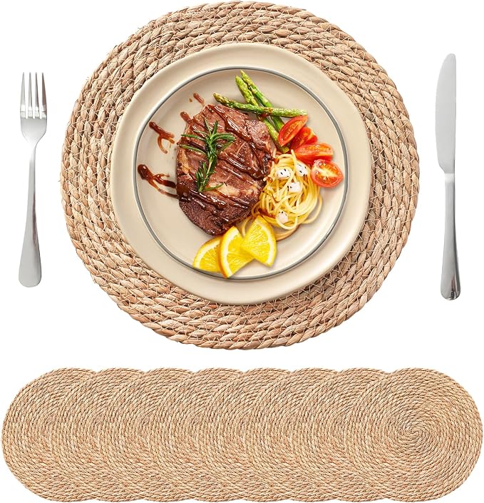 13.8'' Round Woven Placemats Set of 8, Boho Wicker Chargers, Terrekraft | Handmade from Natural Water Hyacinth, Heat-resistant & Non-slip Rattan Chargers, Rustic Farmhouse Decor, Party & Daily Dining