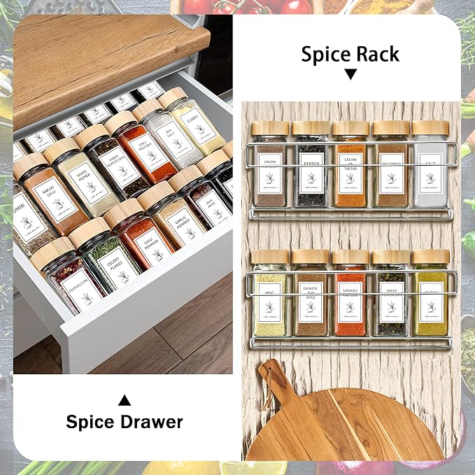 Aliggbent Spice Jars with Labels 36 Pcs 4 oz Glass Bamboo Lids Shaker Set | Glass Seasoning Jars Spice Containers Shaker Lids Collapsible Funnel Airtight Seal for Pantry Cupboard Storage Organization