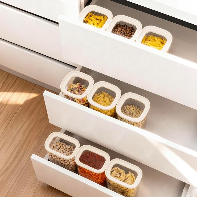 Glass Food Storage Jar with Glass Lid in Square Shape, Food Canister Set with Airtight Lids, Pantry Jars for Kitchen Organization, Food Storage Containers in Set of 6