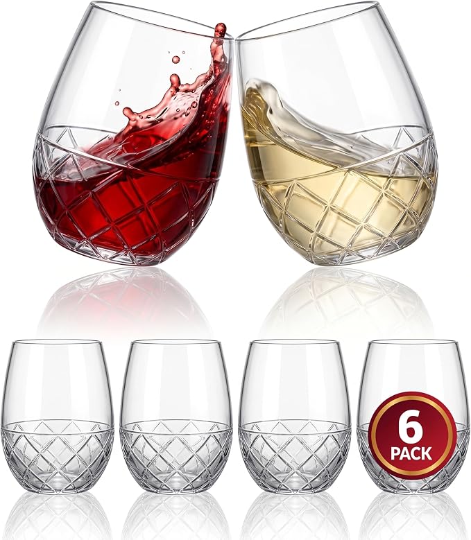 Unbreakable Plastic Stemless Wine Glass - 16 oz Set of 6 | Tritan Plastic, Shatterproof & Reusable Drinkware Perfect for Outdoor, Pool, Camping & Everyday Use