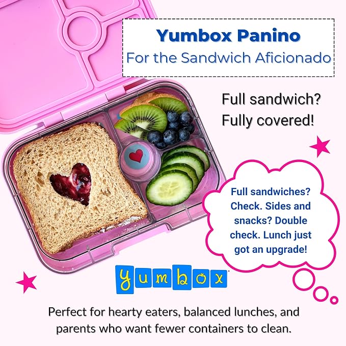 Yumbox Panino Leakproof Bento Lunch Box - Lavande Purple Unicorn | Sandwich-Friendly, 3 Compartments + Dip, Lightweight, Easy-Open Latch, Kid-Friendly Design