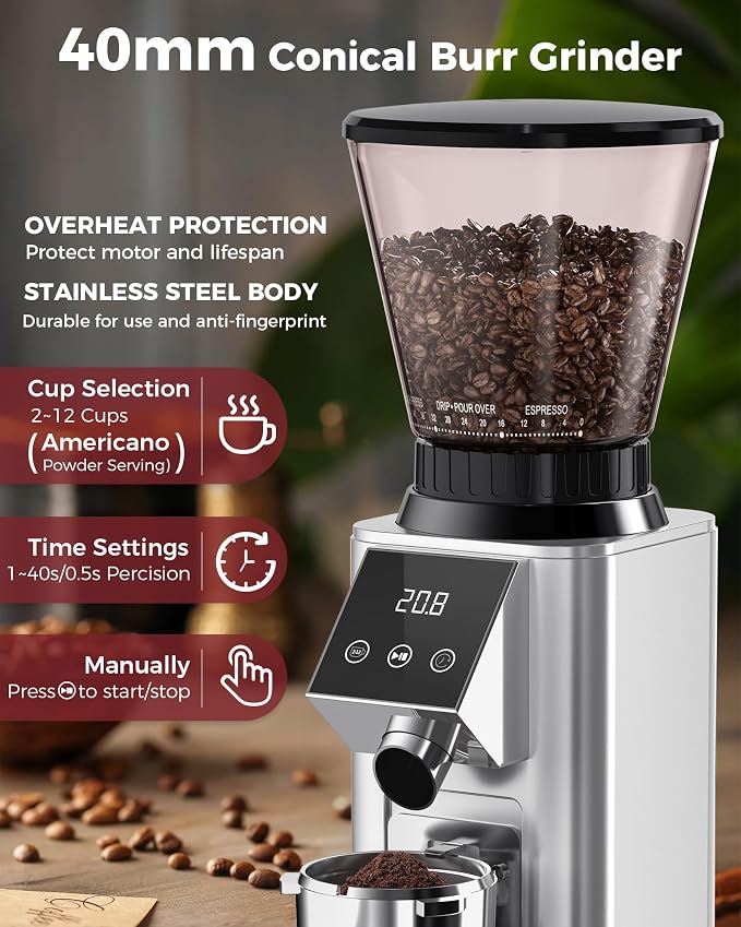 Tuni G1 Conical Burr Coffee Grinder with 48 Grind Settings, Silver | Anti-static Burr Espresso Mill, Electronic Timer and LED Touchscreen for Drip/Cold Brew/French Press, Stainless Steel