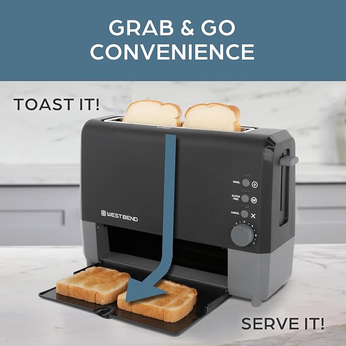 West Bend QuikServe Toaster, 2-Slice Wide-Slot Slide-Through Bread Toaster with Bagel and Gluten-Free Settings and Cool-Touch Exterior Fast Toasting, Includes Removable Serving Tray, 1400-Watts, Black
