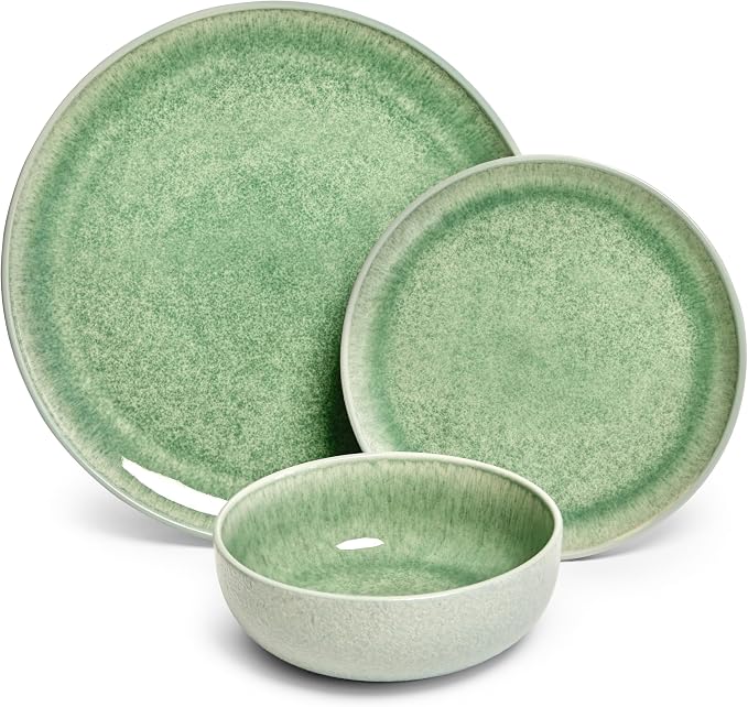 Sango Asher 12-Piece Stoneware Dinnerware Set for 4, Green Ceramic Plates and Bowls Sets, Modern Dish Set with Reactive Glaze, Durable Kitchen Dishes for Casual Dining, Microwave & Dishwasher Safe