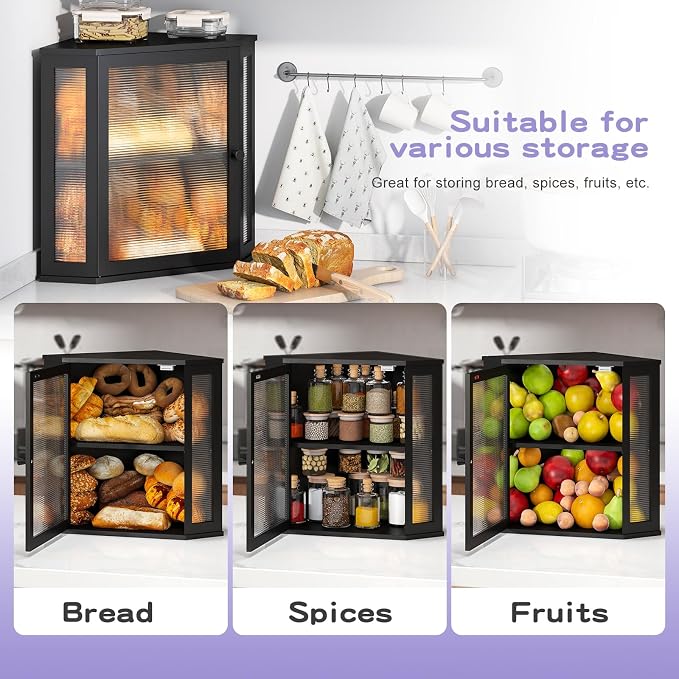 Corner Bread box for Kitchen Countertop,Farmhouse Bread Box with Acrylic Wavy Door Panel,Large Bread box for kitchen countertop, Food Storage Container (Black, Extra Large)