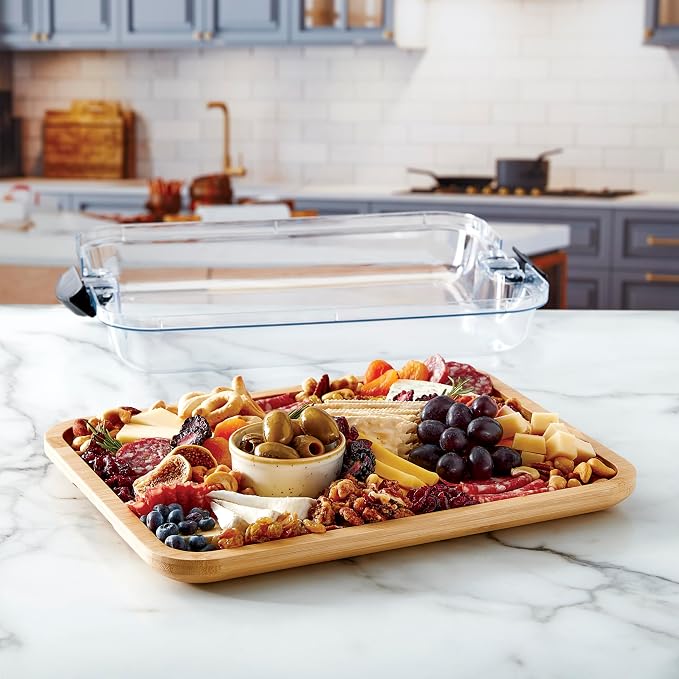 Farberware Bamboo Cutting Board with Clear Locking Lid, 11x14 Inch Charcuterie Board with Handles - Reversible Serving Board for Cheese, Meats, Snacks and More