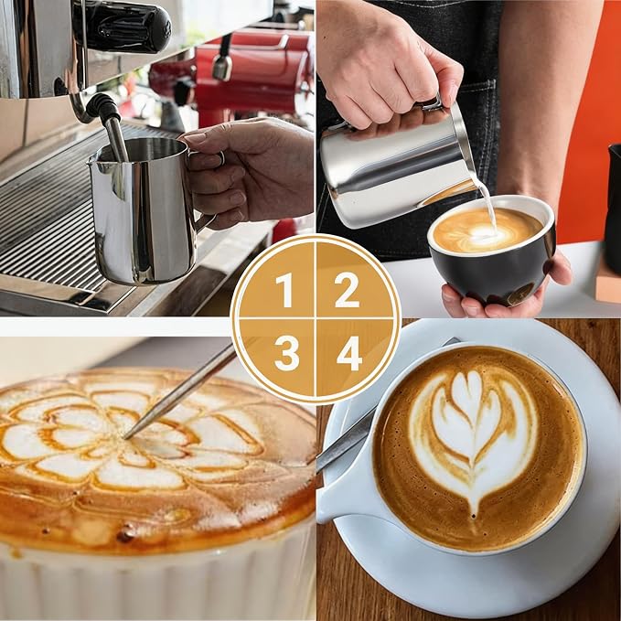 Milk Frothing Pitcher, 600ml (20oz) Milk Frother Cup Stainless Steel Jug Steaming Pitcher, Milk Coffee Cappuccino Latte Art Barista Steam Pitchers Milk Jug Cup with Decorating Pen