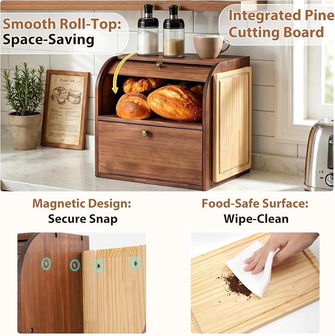 Sunhoo Wooden Bread Box for Kitchen Countertop, Roll Top Breadbox, Brown | Large Double Layer Pantry Container, Solid Wood with Cutting Board, Fresh Homemade Sourdough Bin Cabinet, Vintage Farmhouse