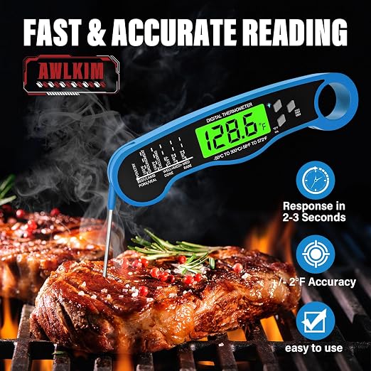 AWLKIM Meat Thermometer Digital, Instant Read Food Thermometer, Blue | Waterproof cooking thermometer with doneness chart, backlight, F/C switch for BBQ, candy, oil
