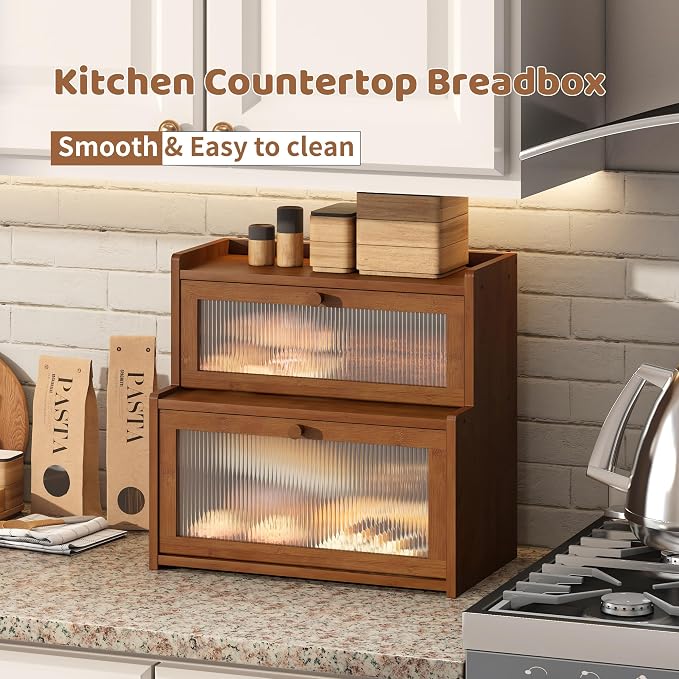 Bread Box for Kitchen Countertop Double Layer Large Corner Bread Box Capacity Bread Storage Bin Farmhouse Breadbox Container Organizer Cabinet Cupboard (Brown)