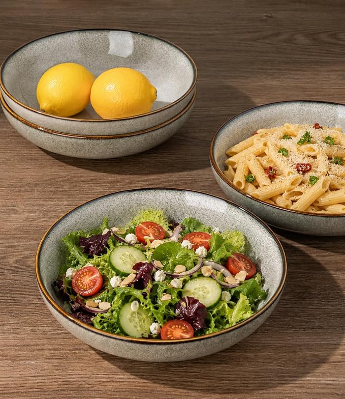 AmorArc 8.5’’ Ceramic Pasta Bowls Set of 6, 36oz Large Stoneware Bowls Set | Large Dinner Serving Bowls Set, Wide Bowl Plate for Pasta,Salad, Soup, Microwave Safe, Reactive Glaze-Green Wheat