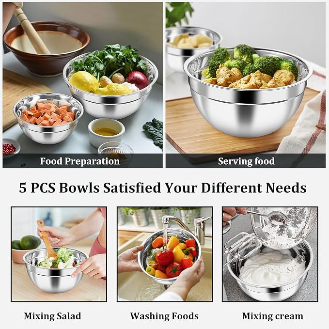 P&P CHEF Metal Mixing Bowls with Lids Set, Visible Airtight Lids & Black | 5 PCS Stainless Steel Mixing Nesting Bowls for Kitchen Prepping, Storing, Healthy & Easy Clean, Size 4.6, 3, 1.5, 1, 0.7 QT