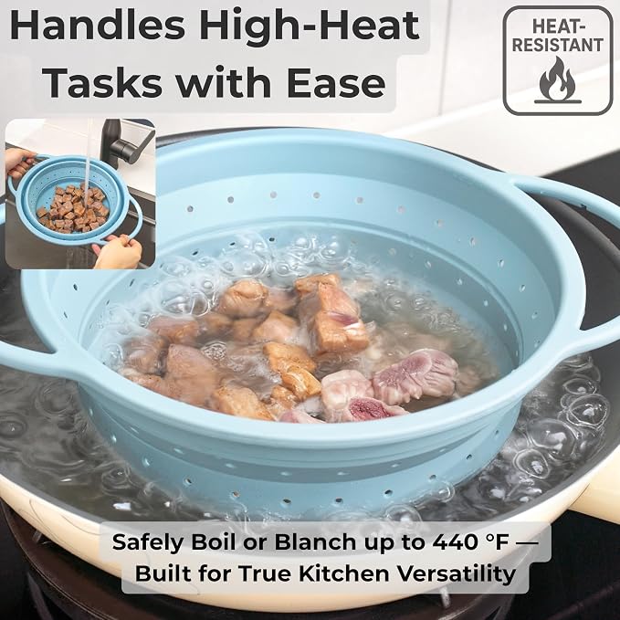 SelectShen™ Collapsible Silicone Colander Set, Stainless Steel Rim (3 Pk) | Heat-resistant, dishwasher-safe platinum silicone strainers. Sturdy stainless steel rim. BPA-free, space-saving, set of 3