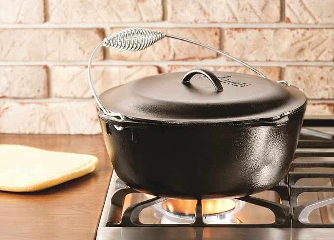 Lodge Seasoned Cast Iron Dutch Oven with Bail Handle - Heavy Duty Campfire Ready Cooking Pot with Lid for Indoor& Outdoor Cooking - 7 Quart