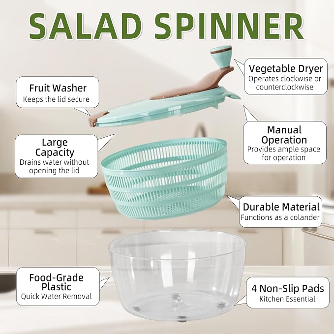 Fruit spinner Kitchen salad tool Salad Spinner Doubled Rain Holes, Lettuce Dryer For Washing, Drainage, And Dehydrating Greens, Fruits, And Vegetables Nordic Blue Salad Dehydrator,Blue