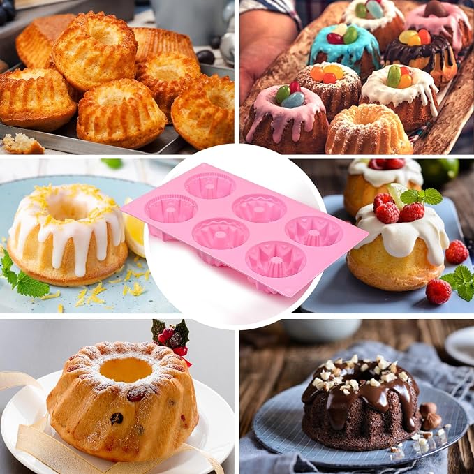 HUAKENER 2 Pcs Mini Fluted Cake Pan, 6-Cavity Fluted Tube Cake Pan | Non-stick Silicone Baking Mold for Cupcakes, Donuts, Cornbread, Brownies, Jellies (BPA-Free)