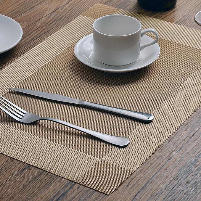 Table Placemats Dining Table Place Mats Set of 6 Heat Resistant Insulation Non-Slip Vinyl for Kitchen Dining Room 18" * 12" Gold