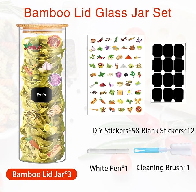 BGraceyy Glass Jars with Bamboo Lids, 72oz 3Pcs Kitchen Glass Containers with Bamboo Lids, Airtight Glass Pantry Storage Containers with Lids for Spaghetti, Pasta, Rice, Nuts, Flour, Bean, Dry Foods