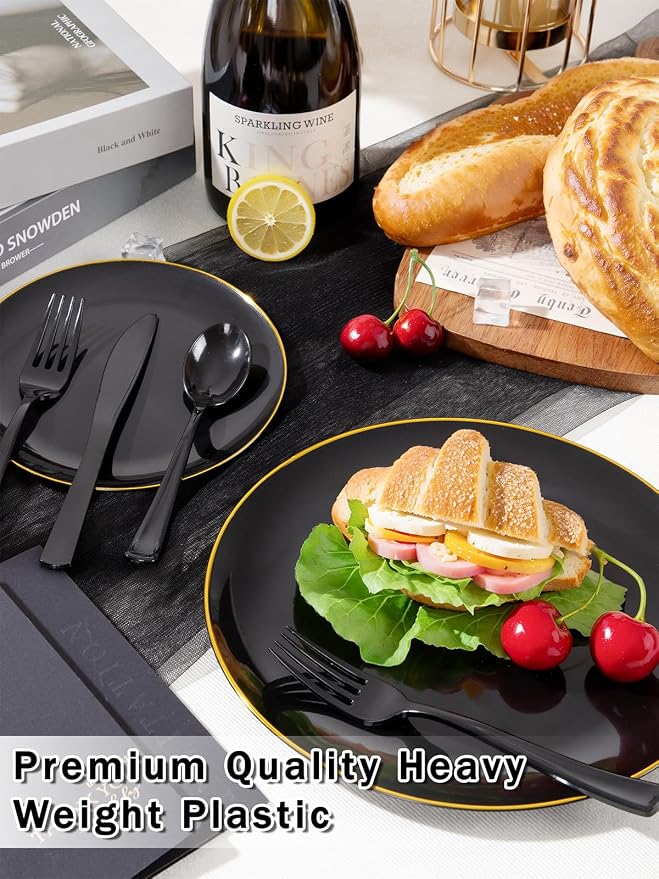 180 Pieces Black Plastic Silverware - Plastic Silverware Set Include 60 Forks, 60 Knives, 60 Spoons - Heavy Duty Black Disposable Cutlery - Disposable Utensils for New Year, Wedding