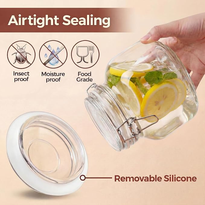 17 oz Round Glass Jars with Airtight Lids, 6 Pack Mason Jar with Clamp Lids | Air Tight Glass Food Storage Containers with Lids Keep Food Dry & Fresh, Best Canister for Flour, Sugar, Cereal, Rice, Coffee