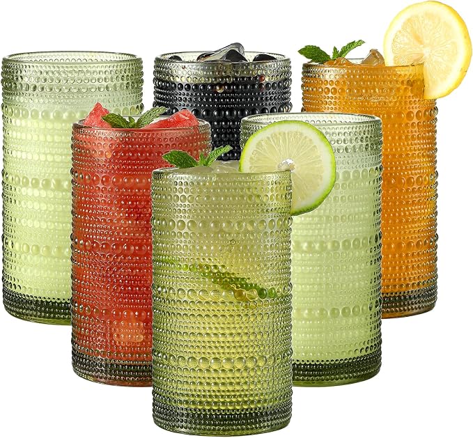 Vintage Hobnail Drinking Glasses Set of 12, 16 oz Large Capacity Embossed Green Tumblers, Highball Glasses for Water, Cocktail, Beer, Whiskey, Kitchen & Bar Use