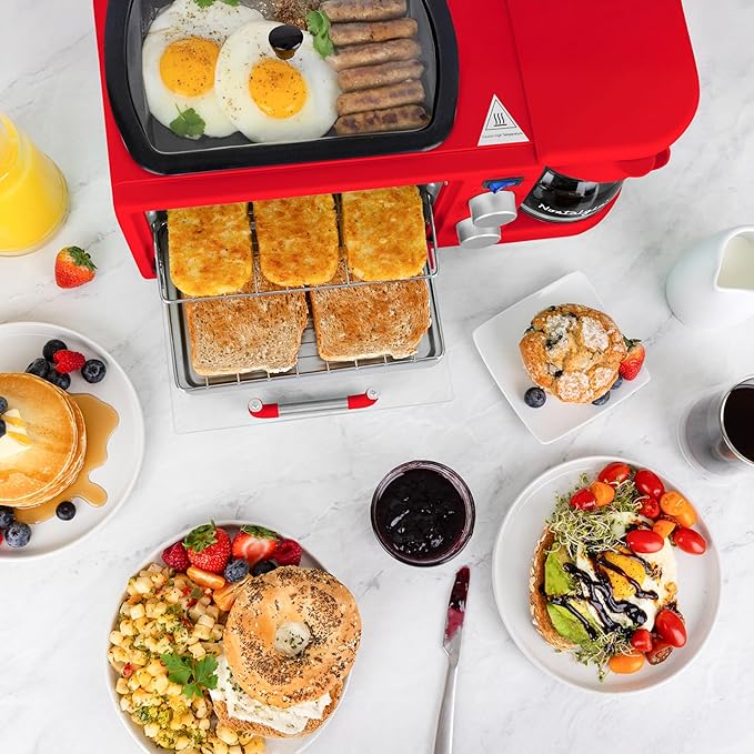 Nostalgia 3-in-1 Retro Breakfast Station - Includes 5 (4 Oz) Cup Coffee Maker, Non-Stick Ceramic Griddle, and 4-Slice Toaster Oven - Built-In Timer, Reusable Coffee Filter, Space-Saving Design - Red