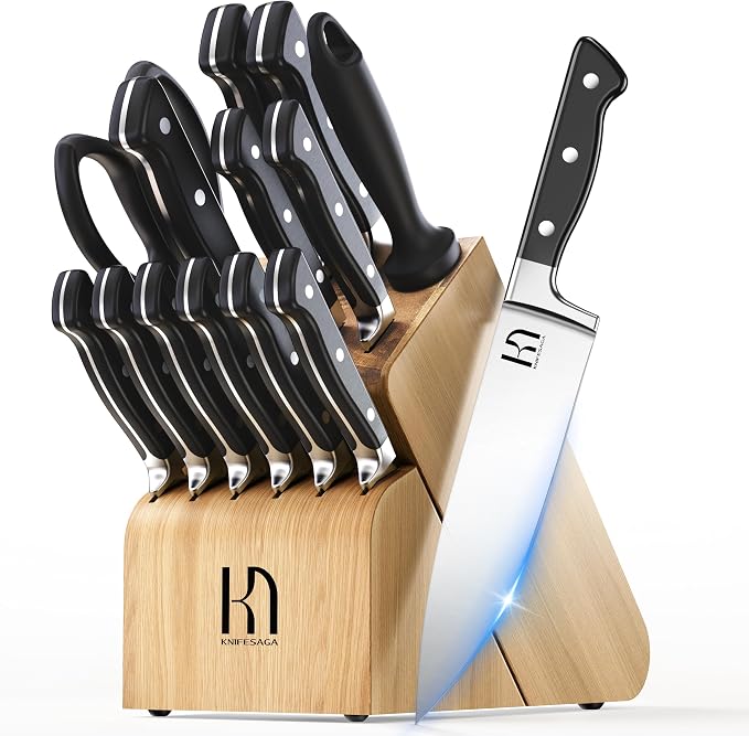 KnifeSaga Japanese Knife Set with Sharpener, Premuim, Razor Sharp, 15 Pcs | Innovative Steel, High Carbon Stainless, Enduring Sharpness, Ergonomic Handle, Quality Acacia Wood Block, Full-tang, Gift Box