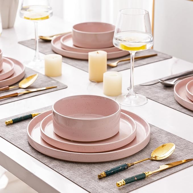 AmorArc Stoneware Dinnerware Sets for 4,12Pcs Plates and Bowls Set | Handmade Ceramic Dish Set,Dishwasher & Microwave Safe,Scratch Resistant-Pink