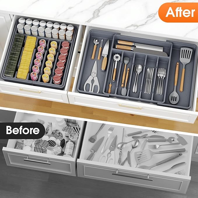 SpaceHacks Silverware Organizer，Adjustable & Expandable Drawer Organizer | Utensil Drawer Organizer, BPA Free Utensil Holder, Cutlery Tray for Forks, Spoons, Knives in Kitchen, Large, Grey
