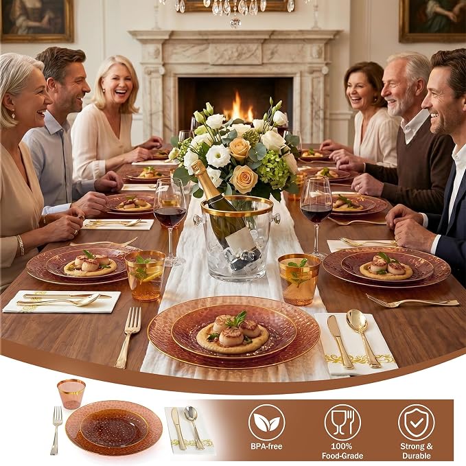 DaYammi 175PCS Clear Amber Plastic Dinnerware Set, Plastic Plates Disposable Hammered Disposable Plates for Party, Include: 25 Dinner Plates 25 Dessert Plates 75 Gold Silverware 25 Napkins 25 Cups