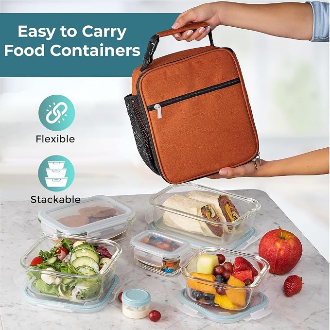 Razab 35 Pc Set Glass Food Storage Containers with Lids - Meal Prep Airtight Bento Boxes BPA-Free 100% Leak Proof (15 lids,15 glass & 5 Plastic Sauce/Dip Containers)