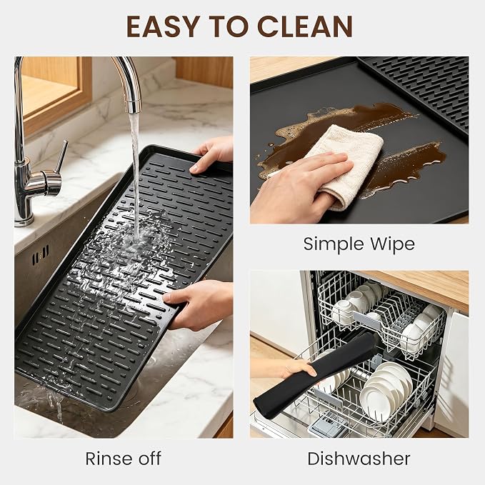 Silicone Coffee Mat, 24” x 16” Coffee Bar Mat for Countertop with Detachable Dish Drying Mat, Anti-Slip Countertop Protector for Espresso Machine, Heat Resistant, Rolled Ship, Black
